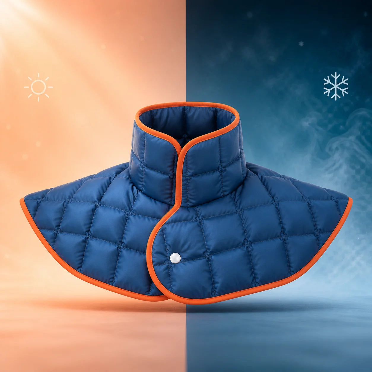 Deep blue DOUVANE neck-and-shoulder comfort wrap against a split warm and cool background