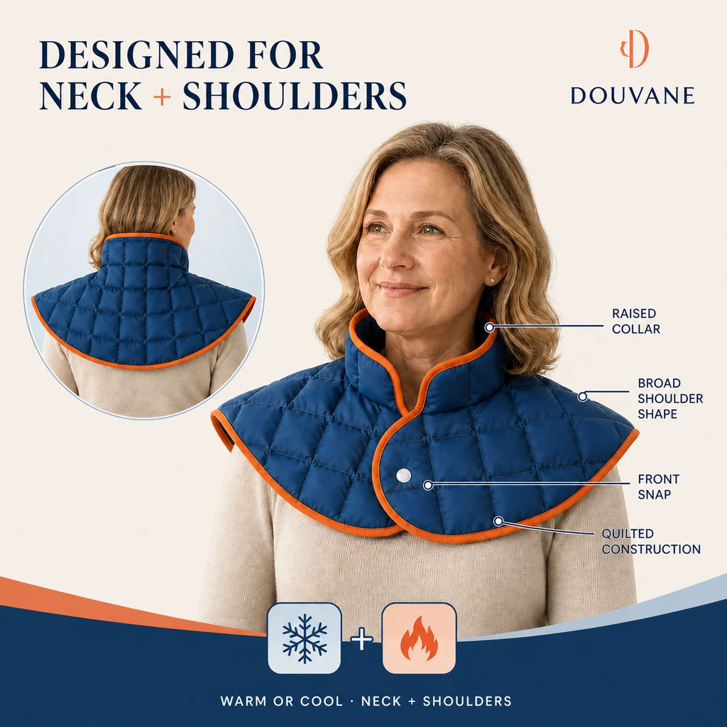 Digital DOUVANE fit overview showing the raised collar, shoulder shape, front snap, and quilted construction