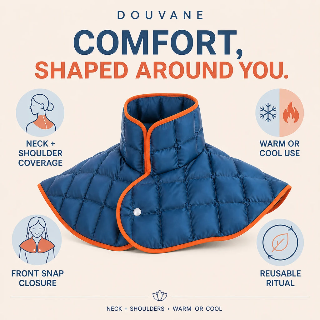 Digital visualization of the DOUVANE neck-and-shoulder wrap showing neck-and-shoulder coverage, warm-or-cool use, a front snap closure and reusable use