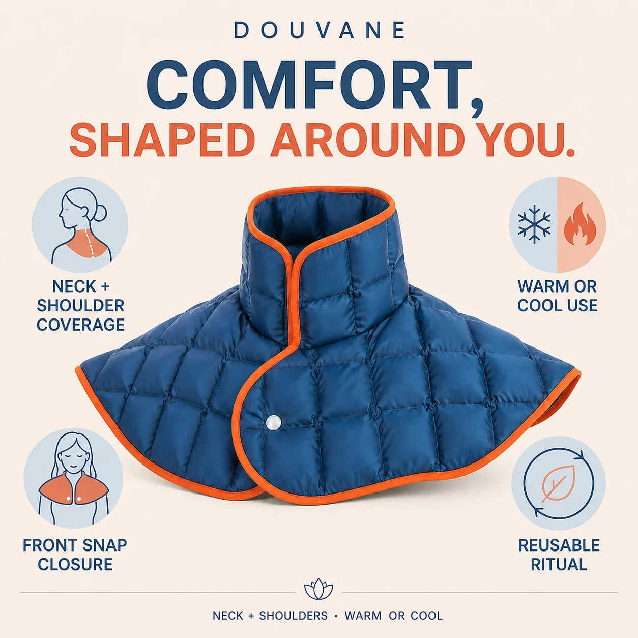 Digital visualization of the DOUVANE neck-and-shoulder wrap showing neck-and-shoulder coverage, warm-or-cool use, a front snap closure and reusable use