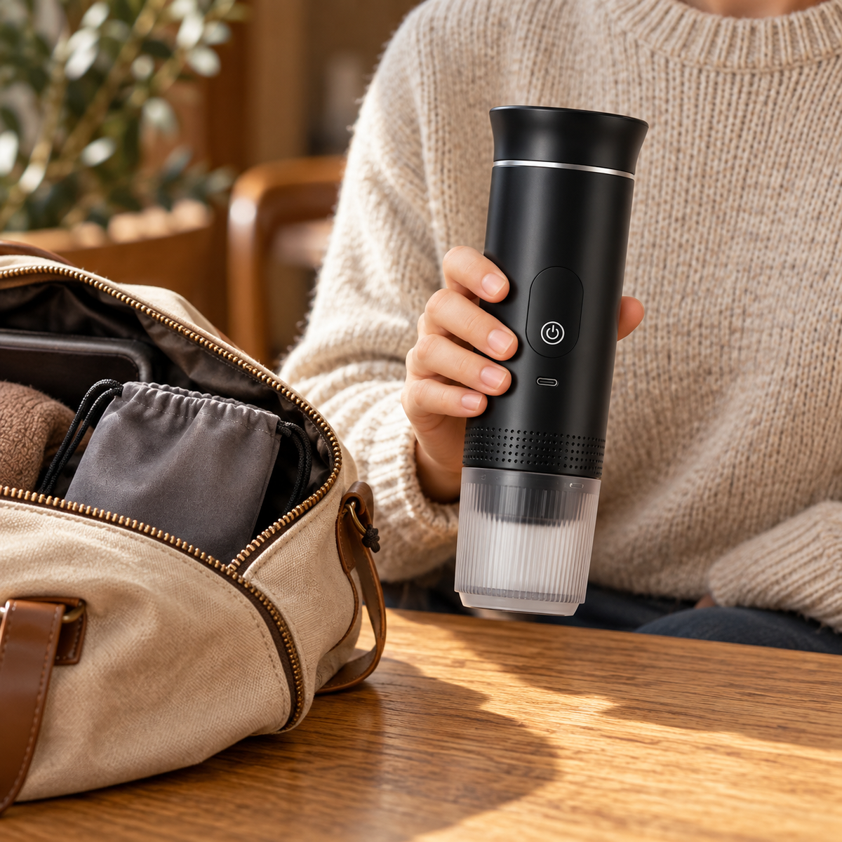 Portable espresso maker beside a day bag, styled to show its compact size
