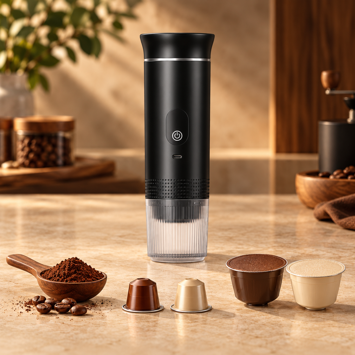 Portable espresso maker beside ground coffee and two sizes of coffee capsules