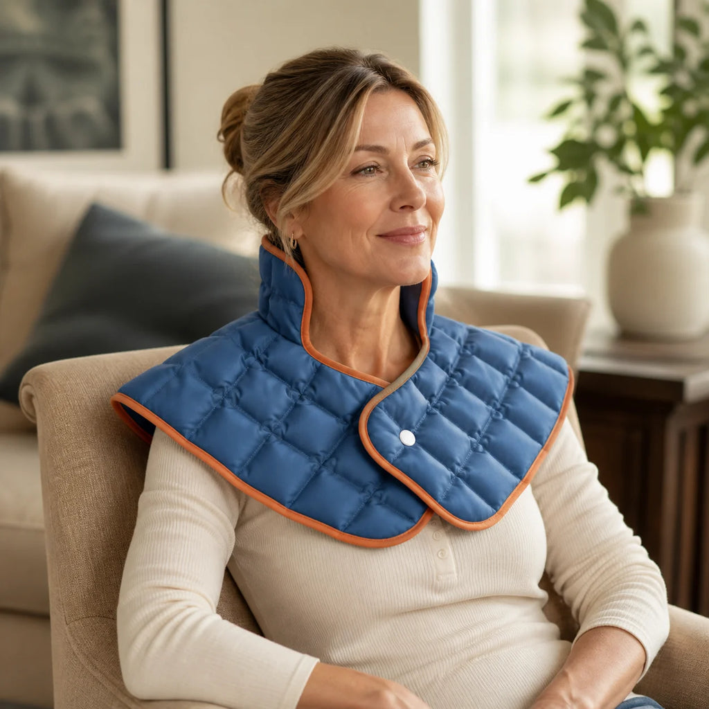 Digital lifestyle visualization of a woman at home wearing the deep blue DOUVANE neck-and-shoulder wrap