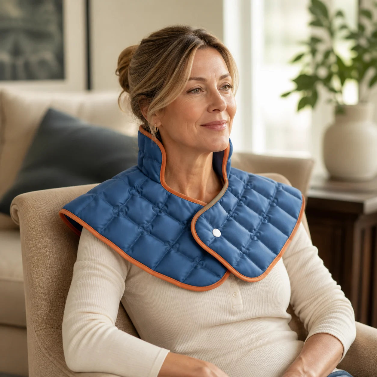 Digital lifestyle visualization of a woman at home wearing the deep blue DOUVANE neck-and-shoulder wrap