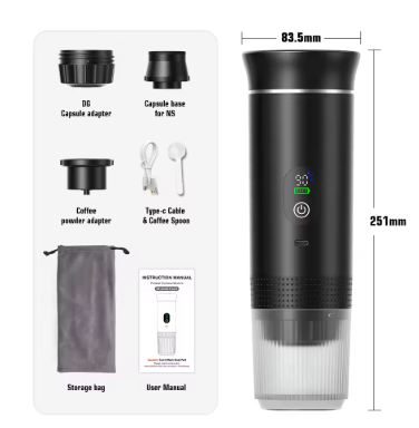 Portable espresso maker, three coffee adapters, USB-C cable, spoon, storage pouch and manual