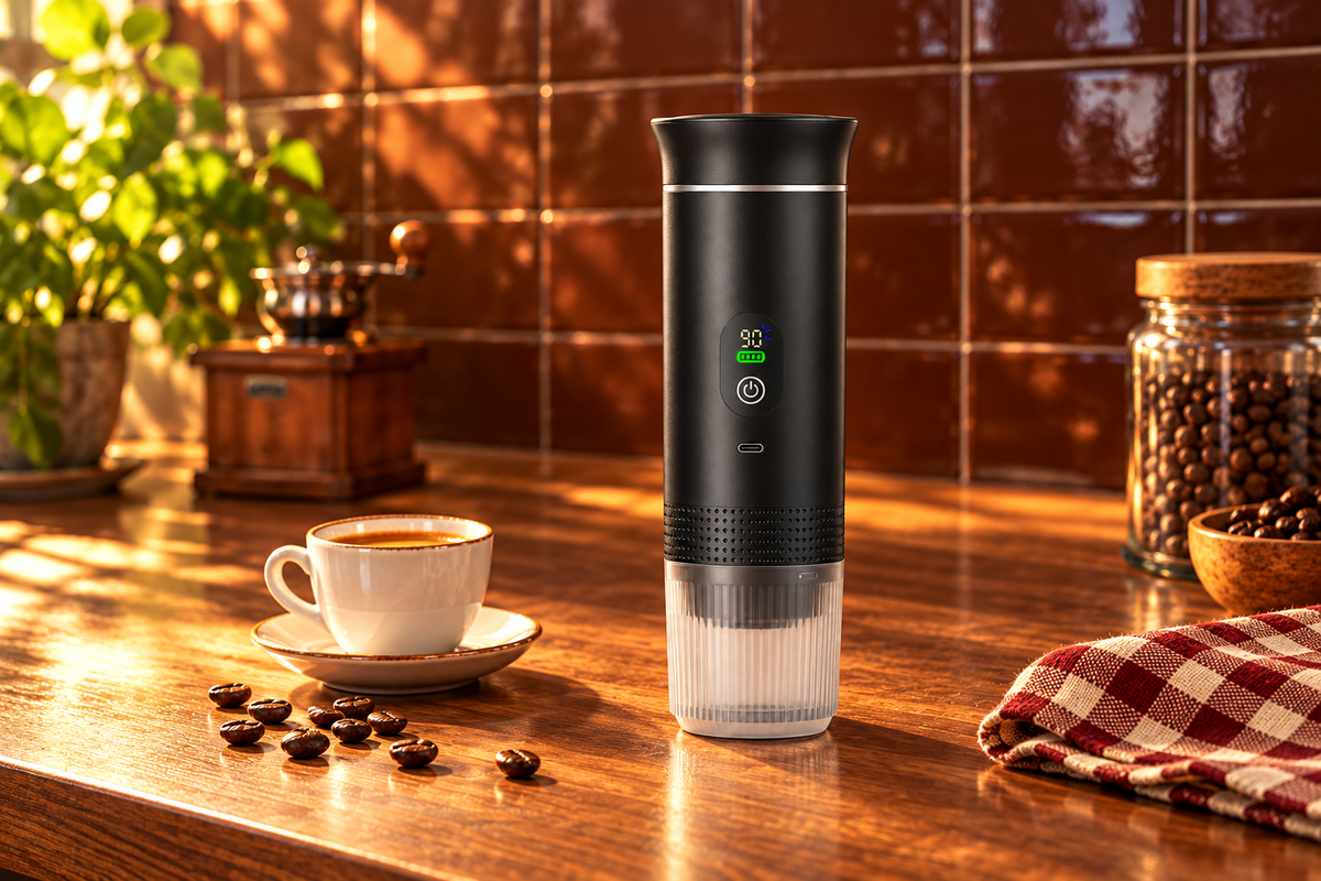 Black portable espresso maker styled on a warm coffee bar