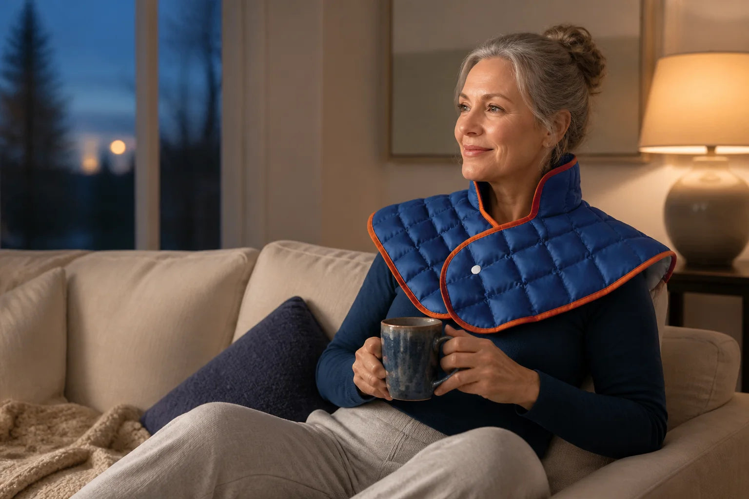Woman relaxing at winter dusk in the blue and orange DOUVANE neck-and-shoulder wrap