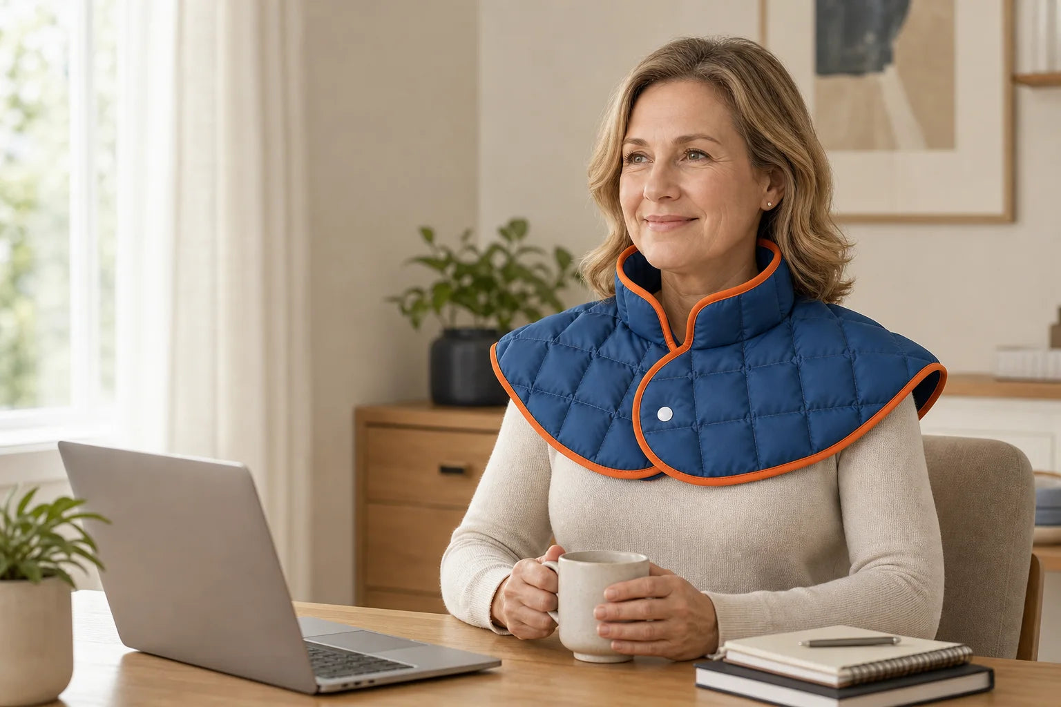 Woman at a home desk wearing the blue and orange DOUVANE neck-and-shoulder wrap