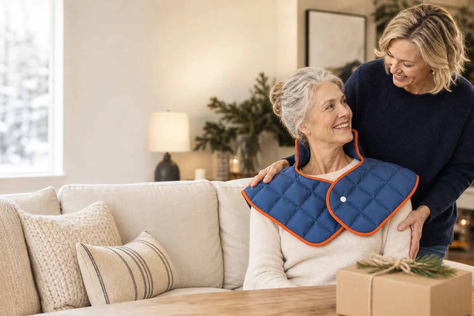 Two women sharing a winter gift moment with the blue and orange DOUVANE neck-and-shoulder wrap