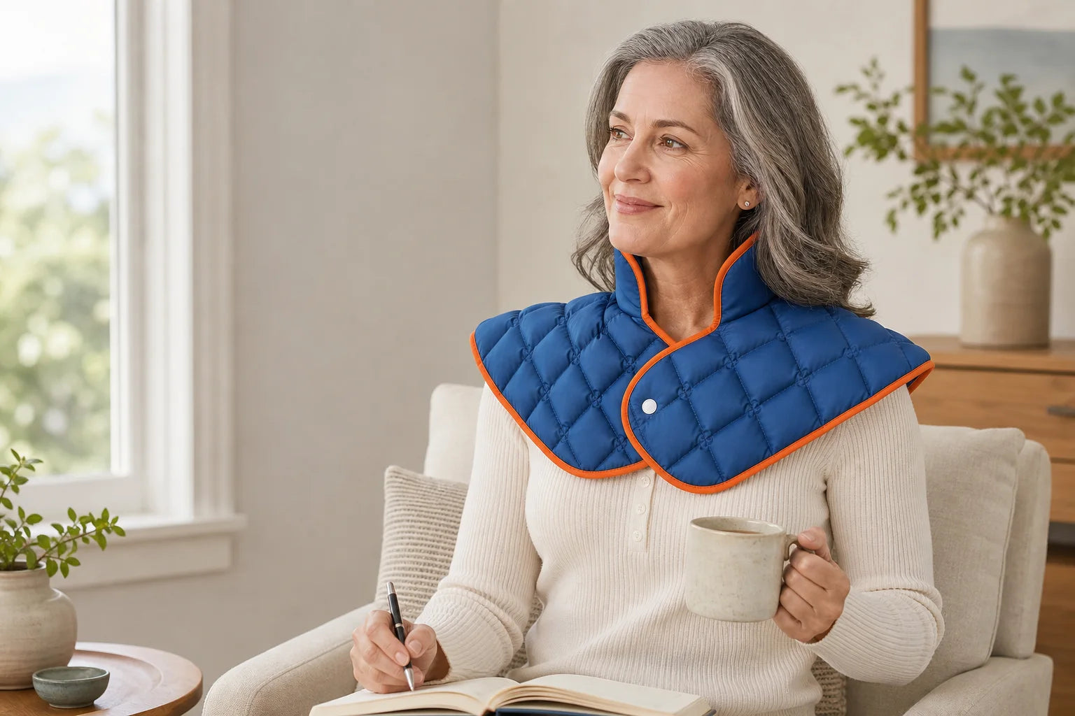 Woman journaling while wearing the blue and orange DOUVANE neck-and-shoulder wrap