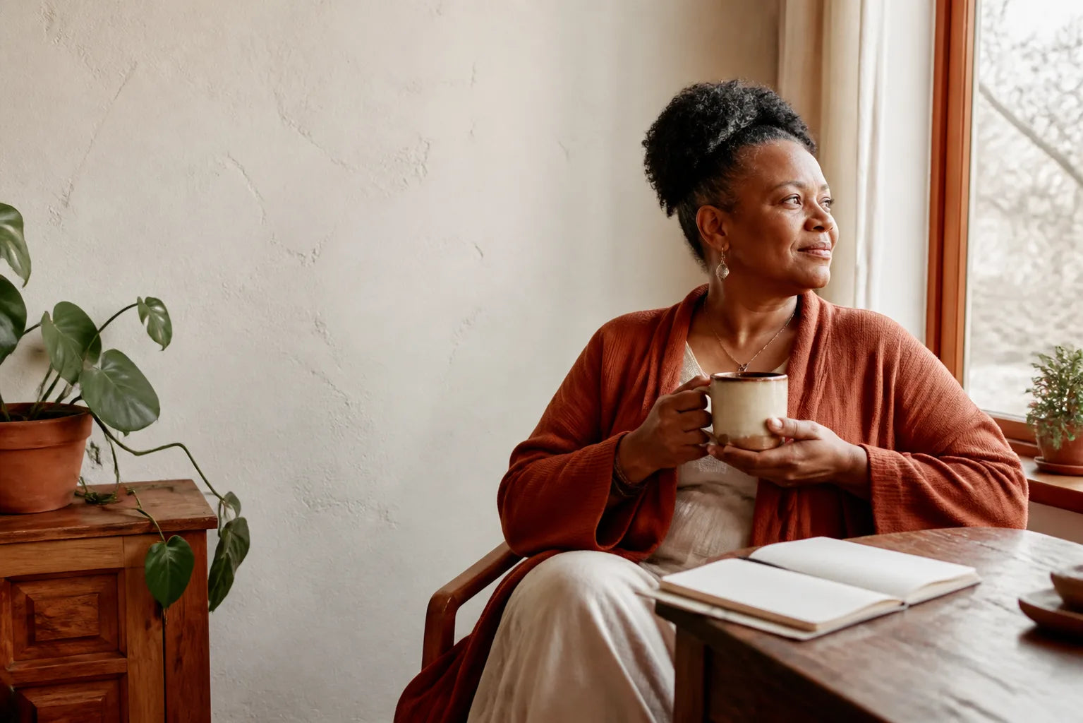 Woman seated by a window with a mug and an open journal